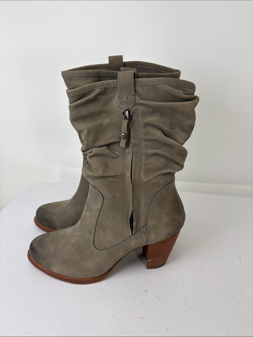 👞👞UGG Slouchy Mid-Calf Heeled Boots in Gray Suede 3”